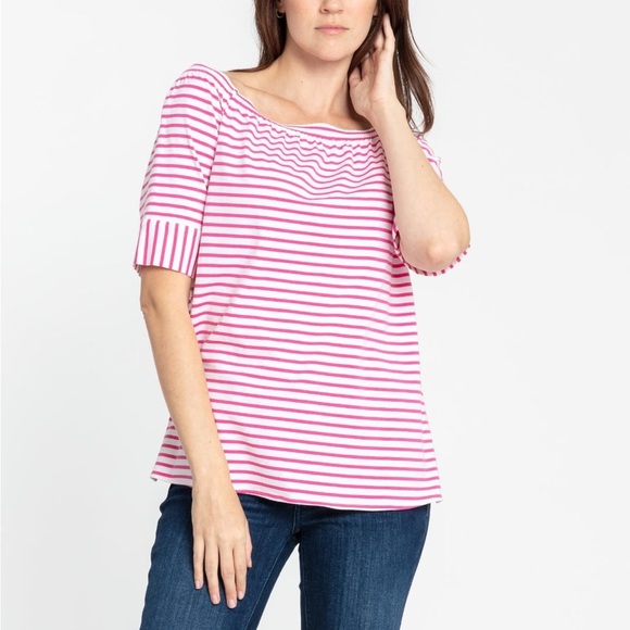 Hinson Wu Lena Elbow Sleeve Off The Shoulder Top Magenta/White NWT MEDIUM - Picture 3 of 8